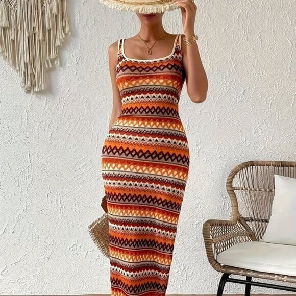 Knit Striped Tank Dress Side Leg Slit Long Ribbed Multicolor Long, Slim - Picture 1 of 6